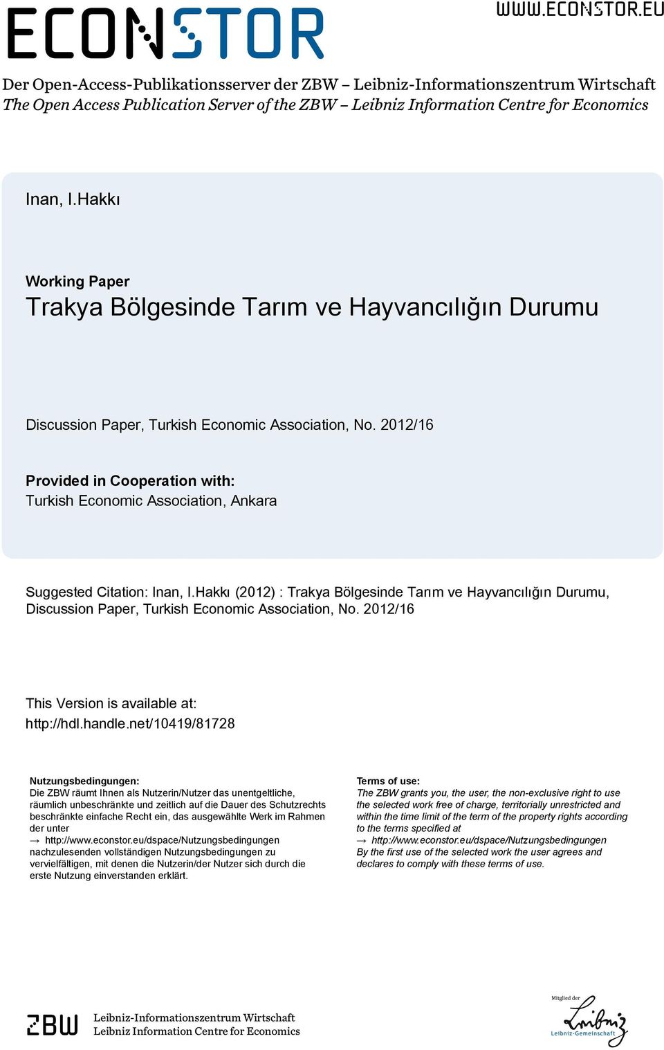 2012/16 Provided in Cooperation with: Turkish Economic Association, Ankara Suggested Citation: Inan, I.