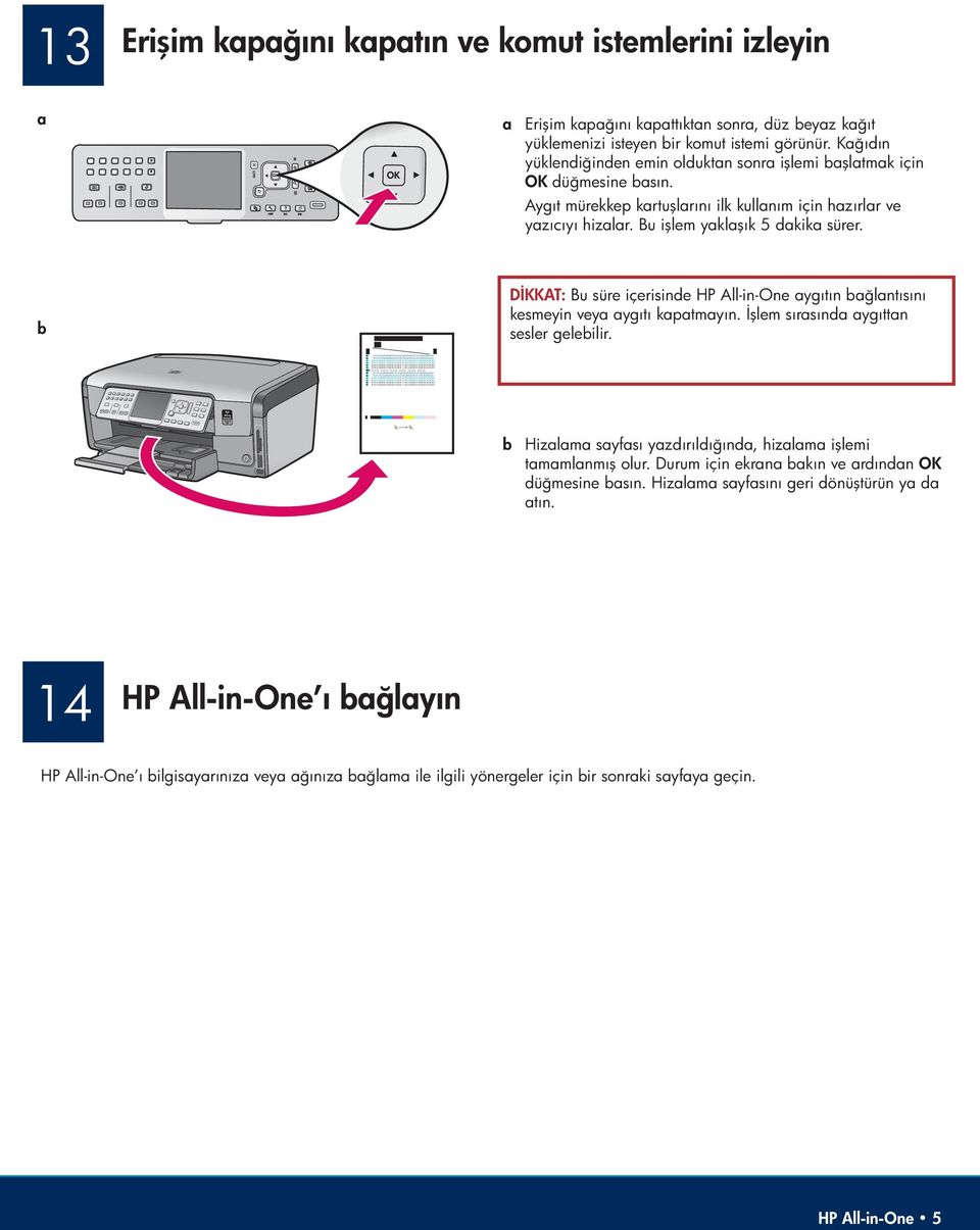 b DİKKAT: Bu süre içerisinde HP All-in-One aygıtın bağlantısını kesmeyin veya aygıtı kapatmayın. İşlem sırasında aygıttan sesler gelebilir.