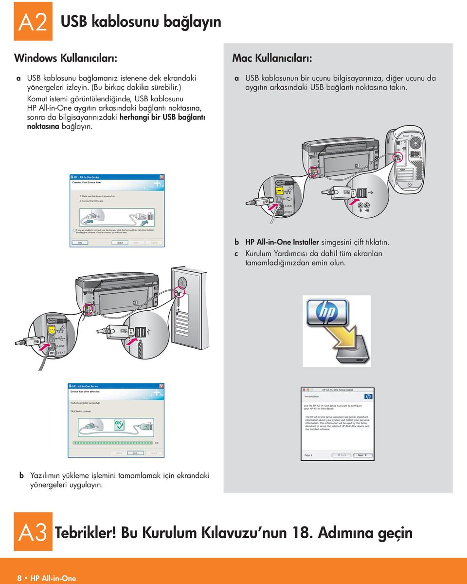 Mac Kullanıcıları: a USB kablosunun bir ucunu bilgisayarınıza, diğer ucunu da aygıtın arkasındaki USB bağlantı noktasına takın. b HP All-in-One Installer simgesini çift tıklatın.