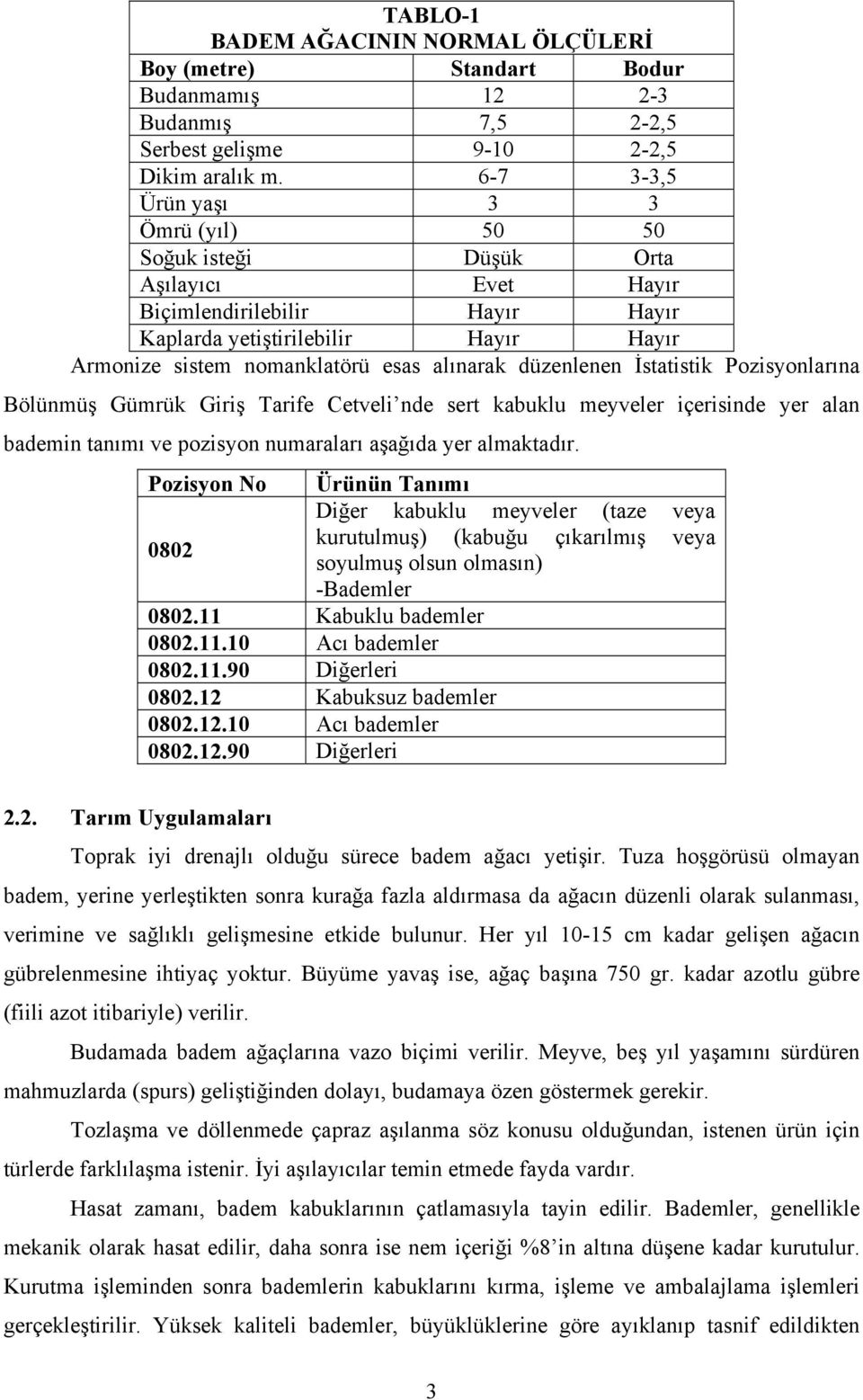 düzenlenen İstatistik Pozisyonlarõna Bölünmüş Gümrük Giriş Tarife Cetveli nde sert kabuklu meyveler içerisinde yer alan bademin tanõmõ ve pozisyon numaralarõ aşağõda yer almaktadõr.