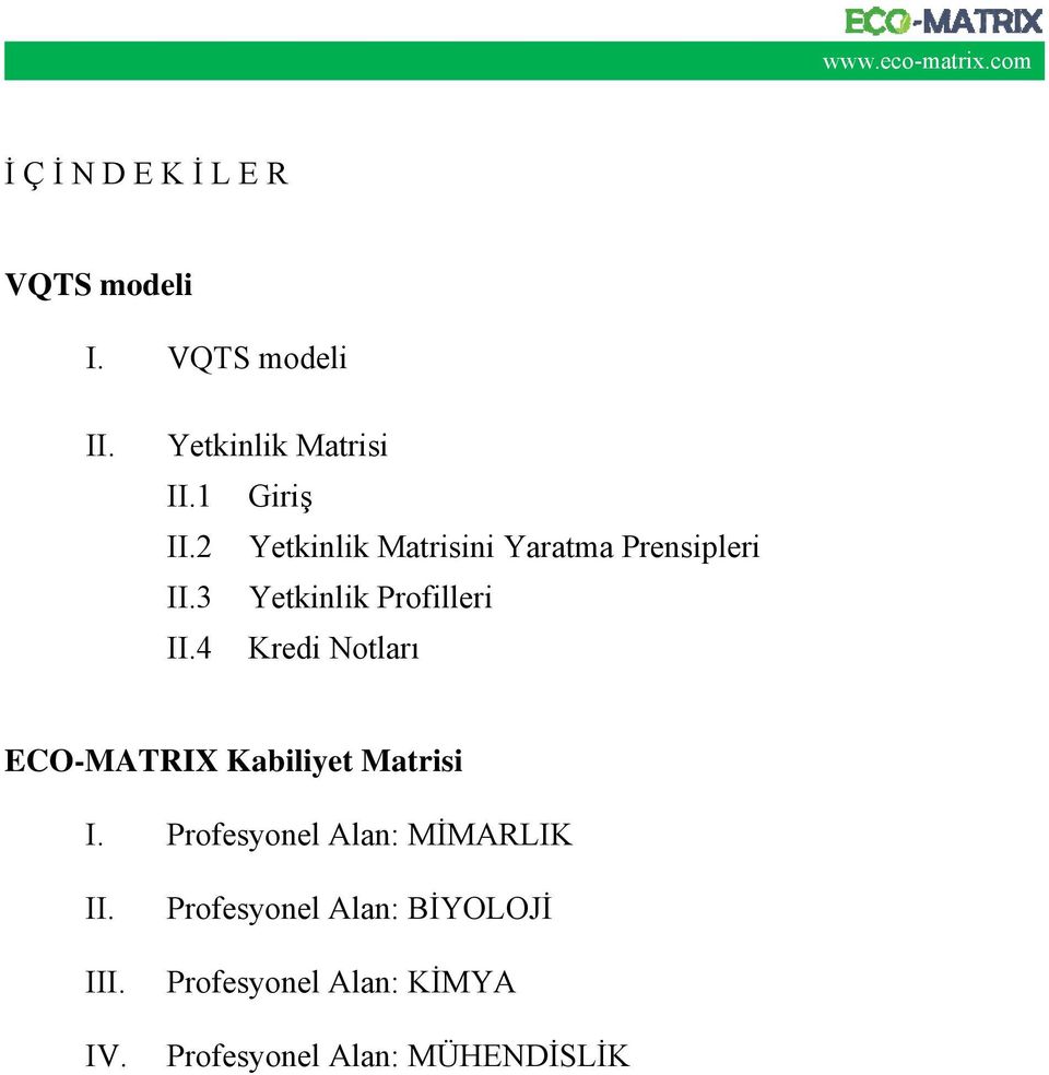 3 Yetkinlik Profilleri II.4 Kredi Notları ECO-MATRIX Kabiliyet Matrisi I.