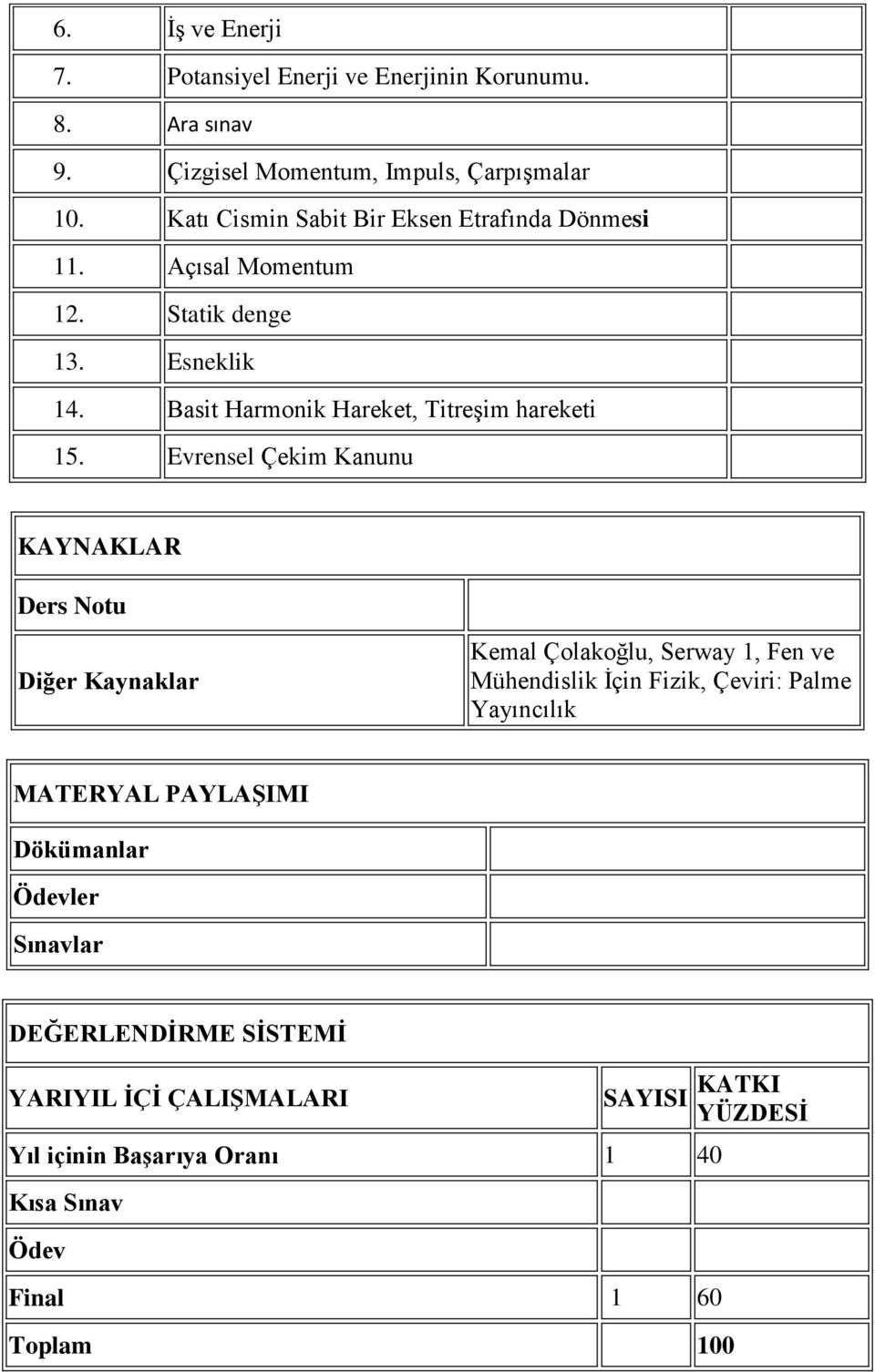 Evrensel Çekim Kanunu KAYNAKLAR Ders Notu Diğer Kaynaklar Kemal Çolakoğlu, Serway 1, Fen ve Mühendislik İçin Fizik, Çeviri: Palme Yayıncılık