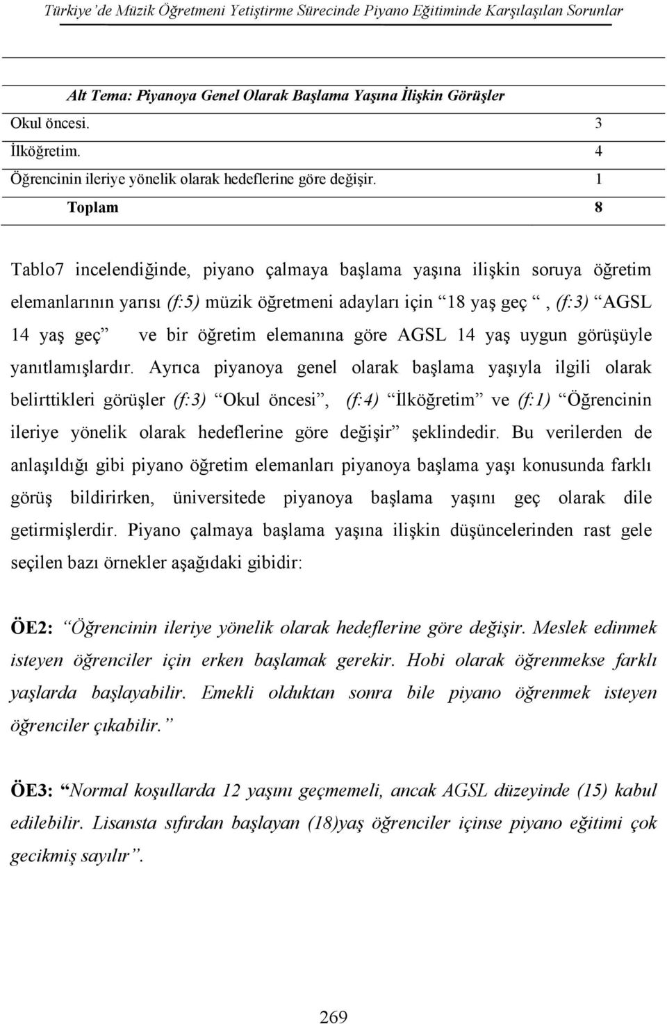 1 Toplam 8 Tablo7 incelendiğinde, piyano çalmaya başlama yaşına ilişkin soruya öğretim elemanlarının yarısı (f:5) müzik öğretmeni adayları için 18 yaş geç, (f:3) AGSL 14 yaş geç ve bir öğretim