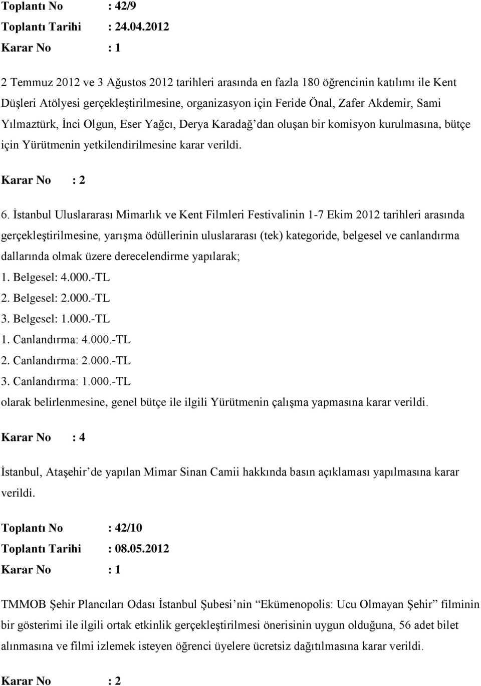 İnci Olgun, Eser Yağcı, Derya Karadağ dan oluşan bir komisyon kurulmasına, bütçe için Yürütmenin yetkilendirilmesine karar verildi. 6.