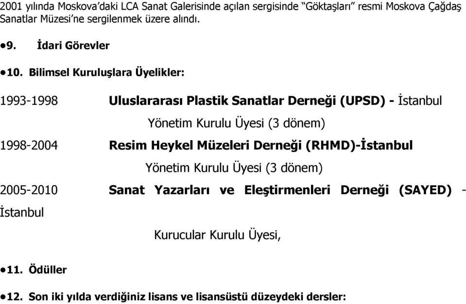 Bilimsel Kuruluşlara Üyelikler: 1993-1998 Uluslararası Plastik Sanatlar Derneği (UPSD) - İstanbul Yönetim Kurulu Üyesi (3 dönem) 1998-2004