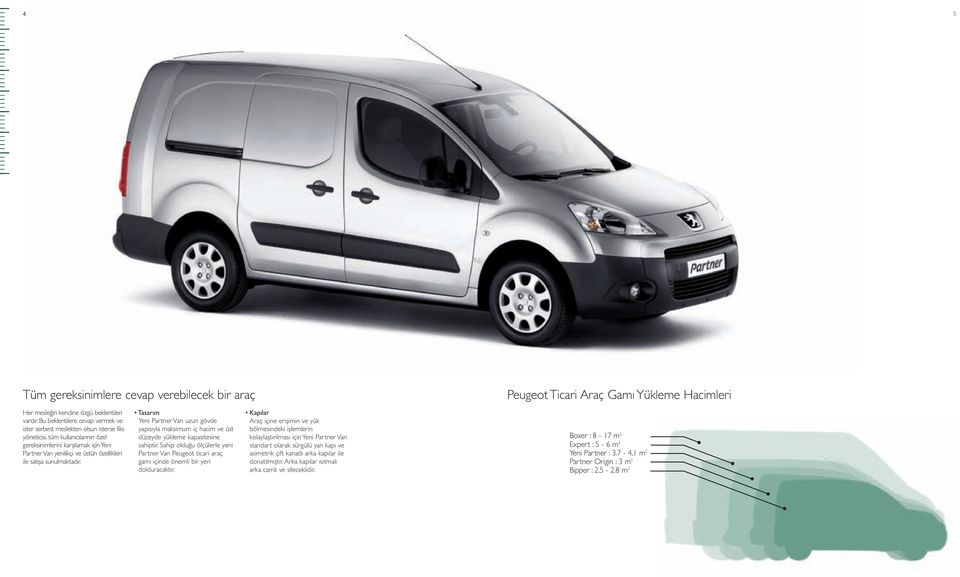 satışa sunulmaktadır. Tasarım Yeni Partner Van uzun gövde yapısıyla maksimum iç hacim ve üst düzeyde yükleme kapasitesine sahiptir.