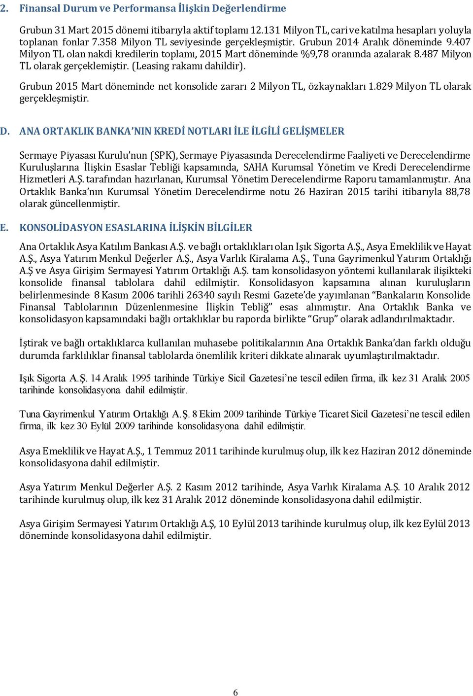 487 Milyon TL olarak gerçeklemiştir. (Leasing rakamı dahildir). Grubun 2015 Mart döneminde net konsolide zararı 2 Milyon TL, özkaynakları 1.829 Milyon TL olarak gerçekleşmiştir. D.