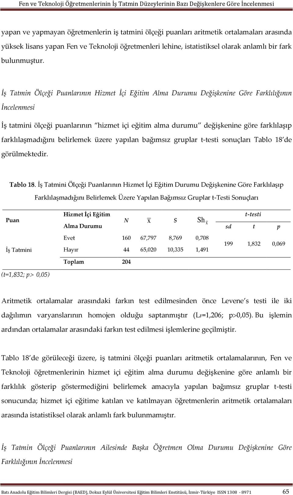 farklılaşmadığını belirlemek üzere yapılan bağımsız gruplar t-testi sonuçları Tablo 18 