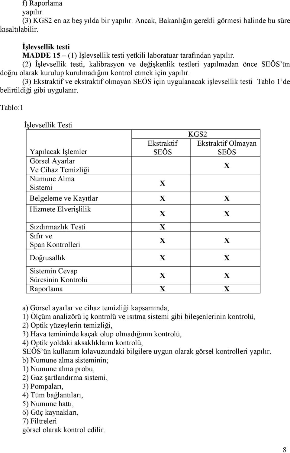 (2) İşlevsellik testi, kalibrasyon ve değişkenlik testleri yapılmadan önce SEÖS ün doğru olarak kurulup kurulmadığını kontrol etmek için yapılır.