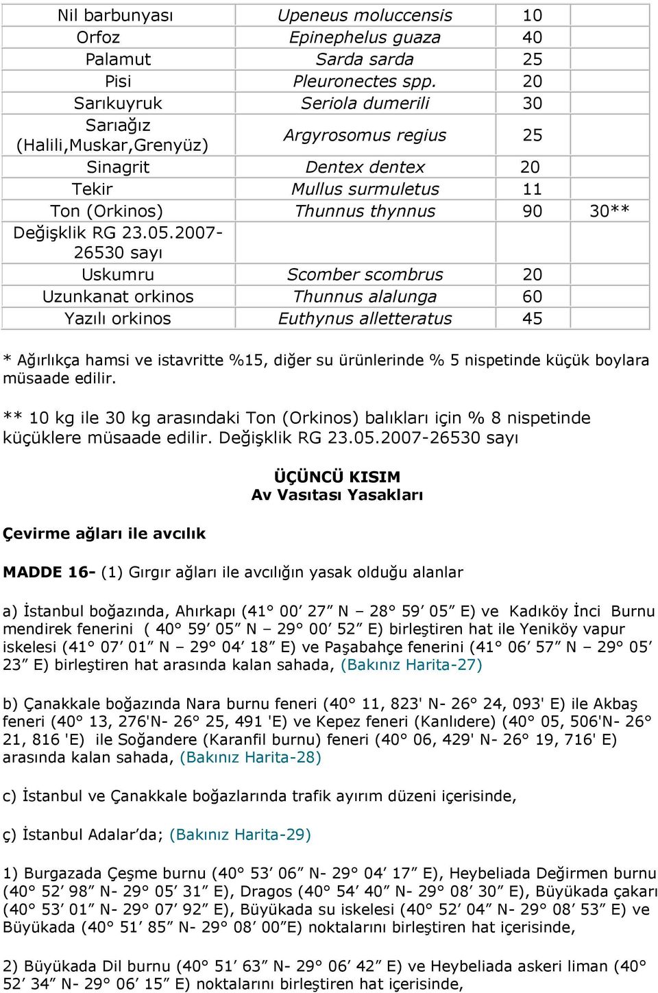 2007-26530 sayı Uskumru Scomber scombrus 20 Uzunkanat orkinos Thunnus alalunga 60 Yazılı orkinos Euthynus alletteratus 45 * Ağırlıkça hamsi ve istavritte %15, diğer su ürünlerinde % 5 nispetinde