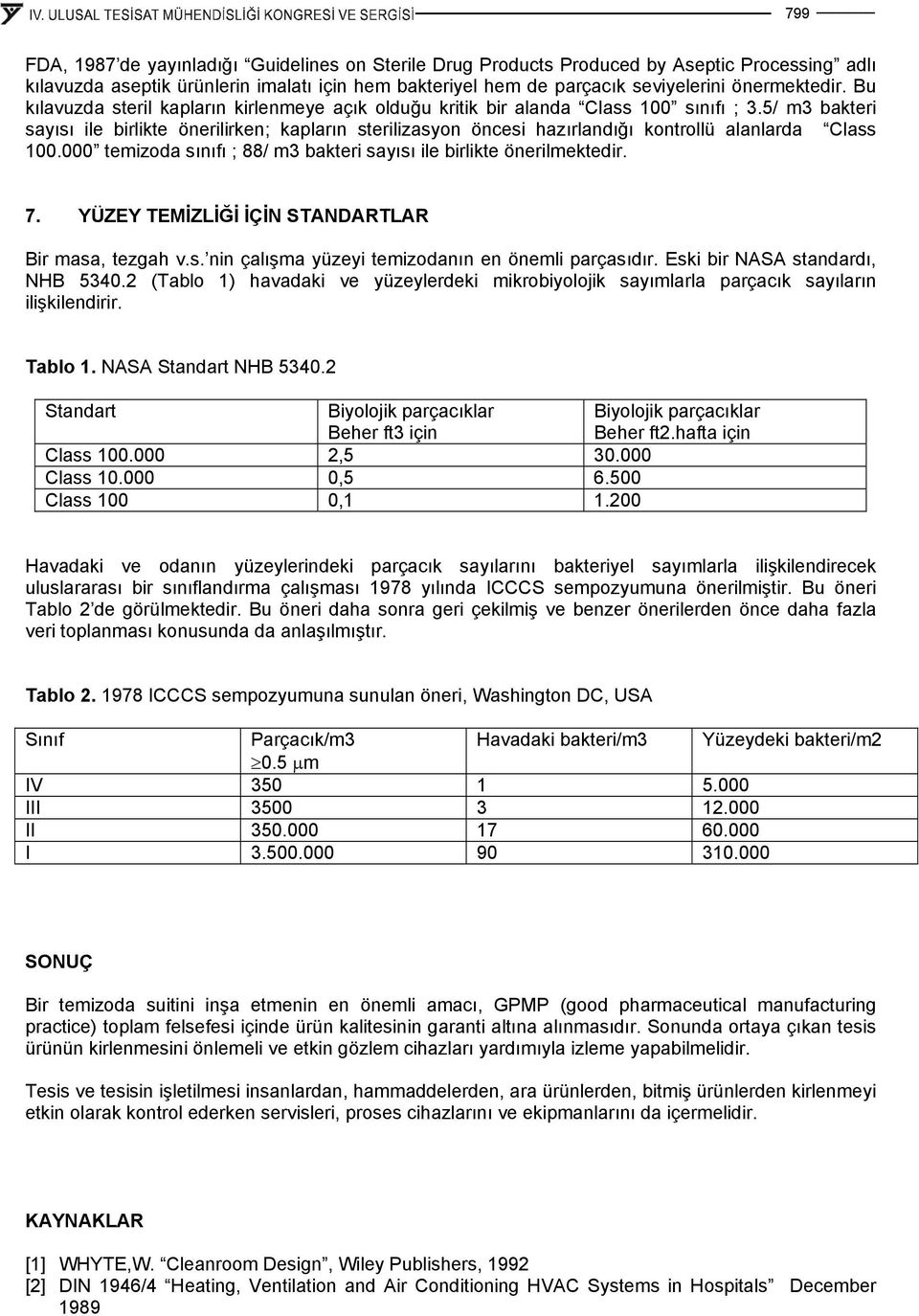 5/ m3 bakteri sayısı ile birlikte önerilirken; kapların sterilizasyon öncesi hazırlandığı kontrollü alanlarda Class 100.000 temizoda sınıfı ; 88/ m3 bakteri sayısı ile birlikte önerilmektedir. 7.