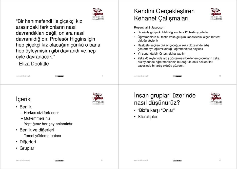 - Eliza Doolittle Kendini Gerçekleştiren Kehanet Çalışmaları Rosenthal & Jacobson Bir okula gidip okuldaki öğrencilere IQ testi uygularlar Öğretmenlere bu testin zeka gelişim kapasitesini ölçen bir