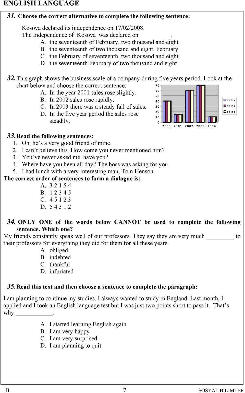 the seventeenth February of two thousand and eight 3. This graph shows the business scale of a company during five years period. Look at the chart below and choose the correct sentence: 70 60 A.