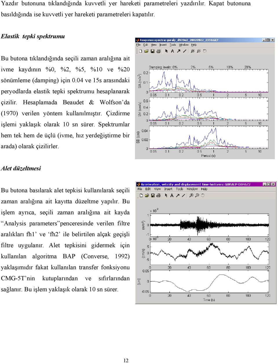 04 ve 15s arasındaki peryodlarda elastik tepki spektrumu hesaplanarak çizilir. Hesaplamada Beaudet & Wolfson da (1970) verilen yöntem kullanılmıştır. Çizdirme işlemi yaklaşık olarak 10 sn sürer.