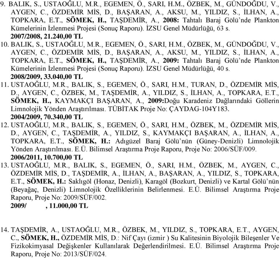 , GÜNDOĞDU, V., TOPKARA, E.T., SÖMEK, H., TAŞDEMİR, A., 2009: Tahtalı Baraj Gölü nde Plankton Kümelerinin İzlenmesi Projesi (Sonuç Raporu). İZSU Genel Müdürlüğü, 40 s. 2008/2009, 33.040,00 TL 11.