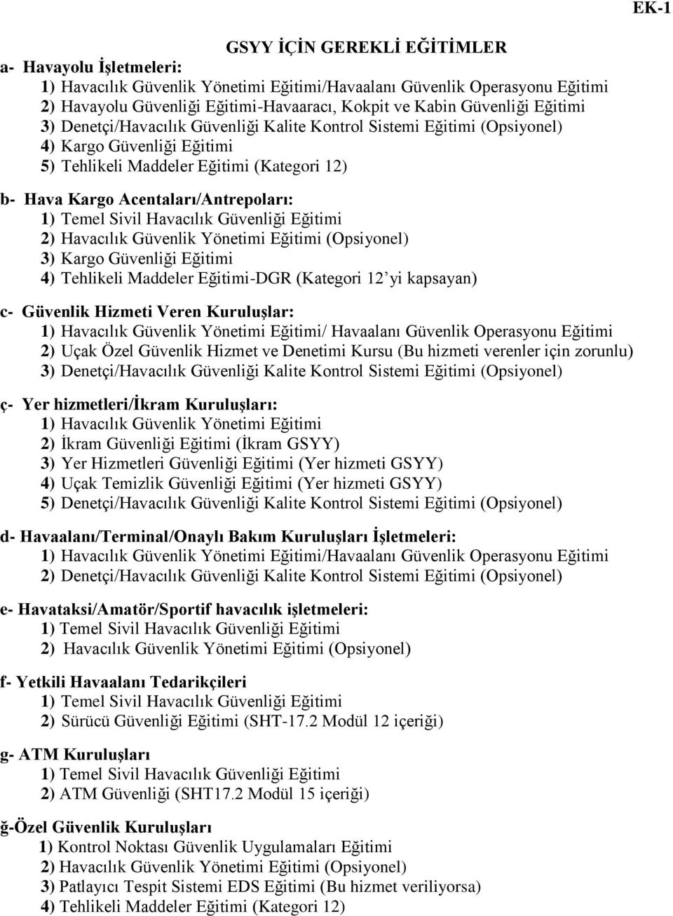 Acentaları/Antrepoları: 1) Temel Sivil Havacılık Güvenliği Eğitimi 2) Havacılık Güvenlik Yönetimi Eğitimi (Opsiyonel) 3) Kargo Güvenliği Eğitimi 4) Tehlikeli Maddeler Eğitimi-DGR (Kategori 12 yi