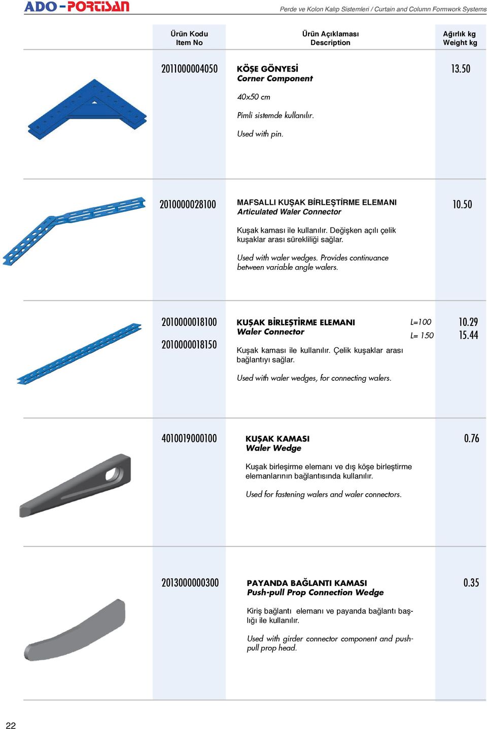 Provides continuance between variable angle walers. 2010000018100 2010000018150 KU AK B RLE T RME ELEMANI Waler Connector Ku ak kamas ile kullan l r. Çelik ku aklar aras ba lant y sa lar.