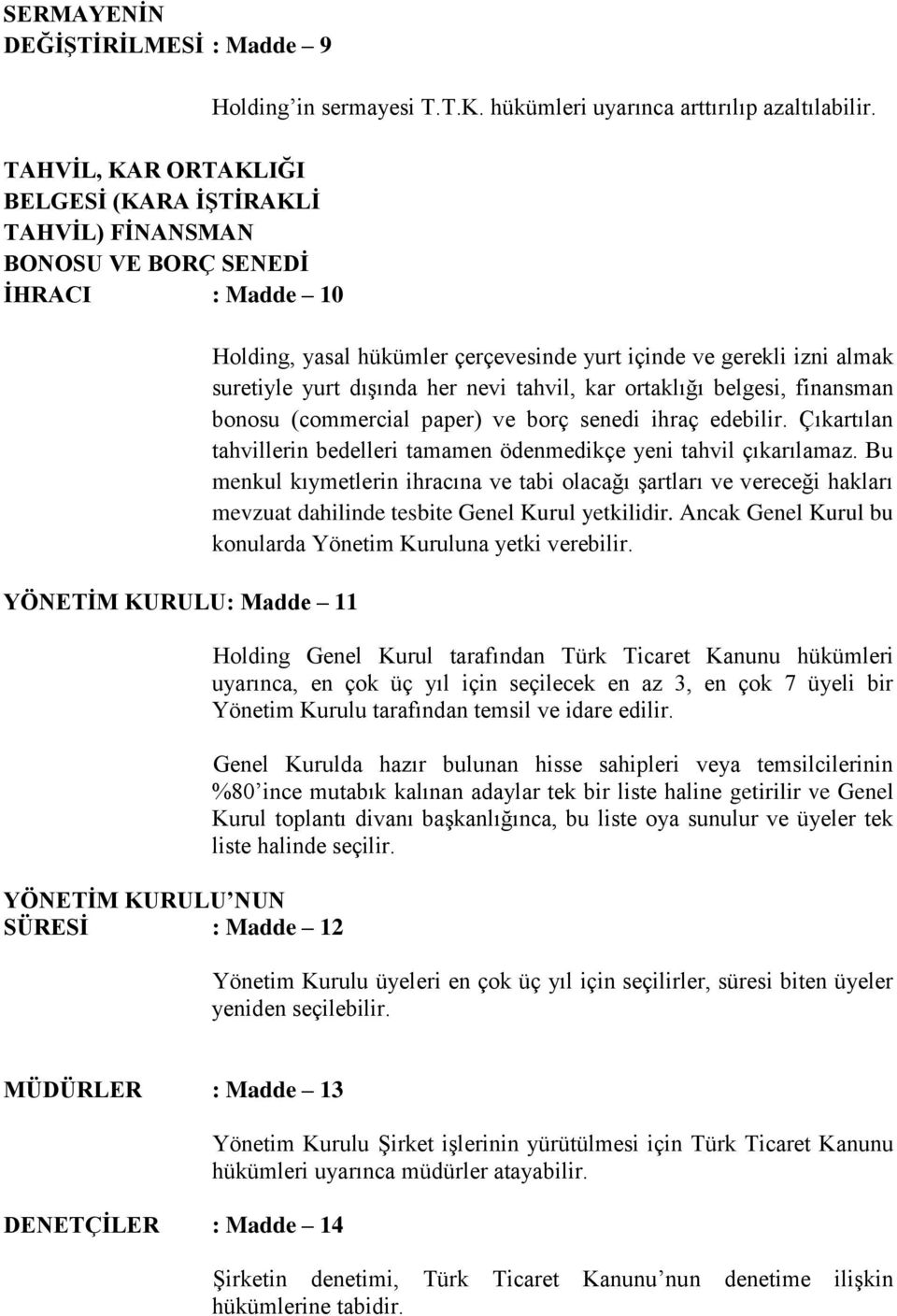 Holding, yasal hükümler çerçevesinde yurt içinde ve gerekli izni almak suretiyle yurt dışında her nevi tahvil, kar ortaklığı belgesi, finansman bonosu (commercial paper) ve borç senedi ihraç edebilir.