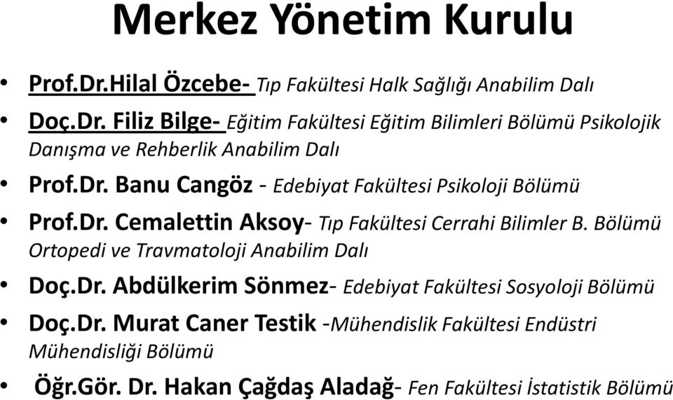 Bölümü Ortopedi ve Travmatoloji Anabilim Dalı Doç.Dr. Abdülkerim Sönmez- Edebiyat Fakültesi Sosyoloji Bölümü Doç.Dr. Murat Caner Testik -Mühendislik Fakültesi Endüstri Mühendisliği Bölümü Öğr.