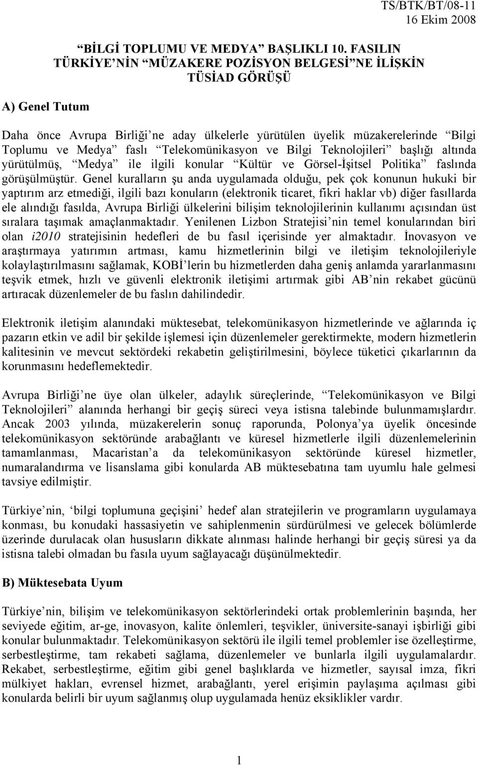 faslı Telekomünikasyon ve Bilgi Teknolojileri başlığı altında yürütülmüş, Medya ile ilgili konular Kültür ve Görsel-İşitsel Politika faslında görüşülmüştür.