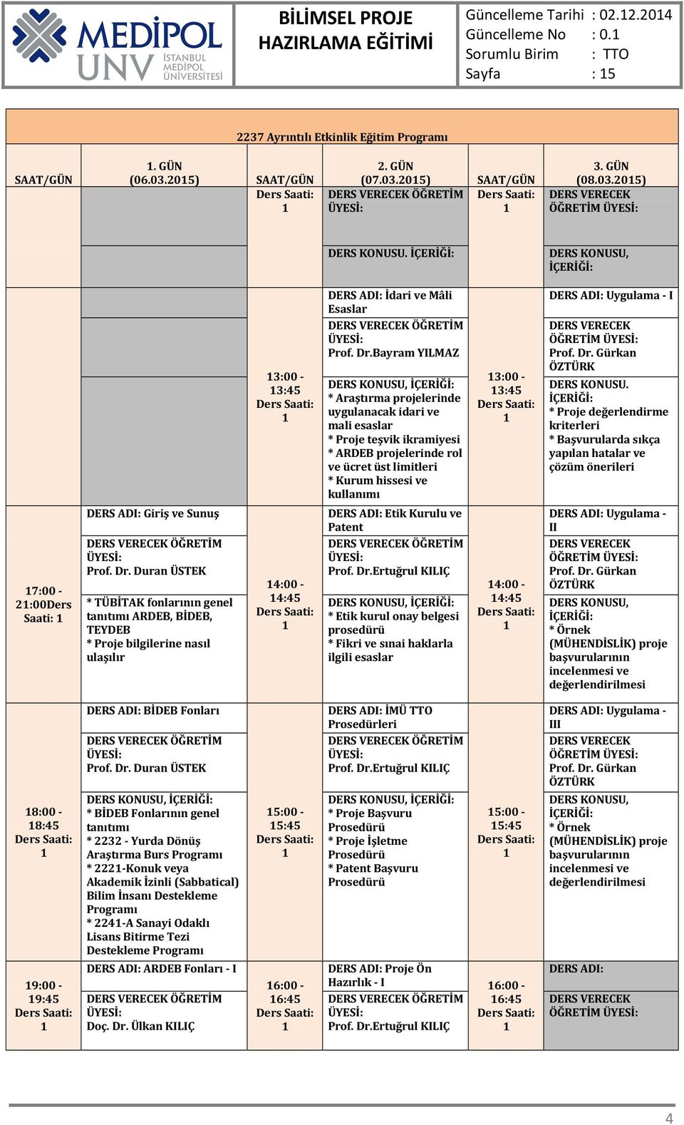 Duran ÜSTEK * TÜBİTAK fonlarının genel tanıtımı ARDEB, BİDEB, TEYDEB * Proje bilgilerine nasıl ulaşılır 3:00-3:45 4:00-4:45 DERS ADI: İdari ve Mâli Esaslar Prof. Dr.