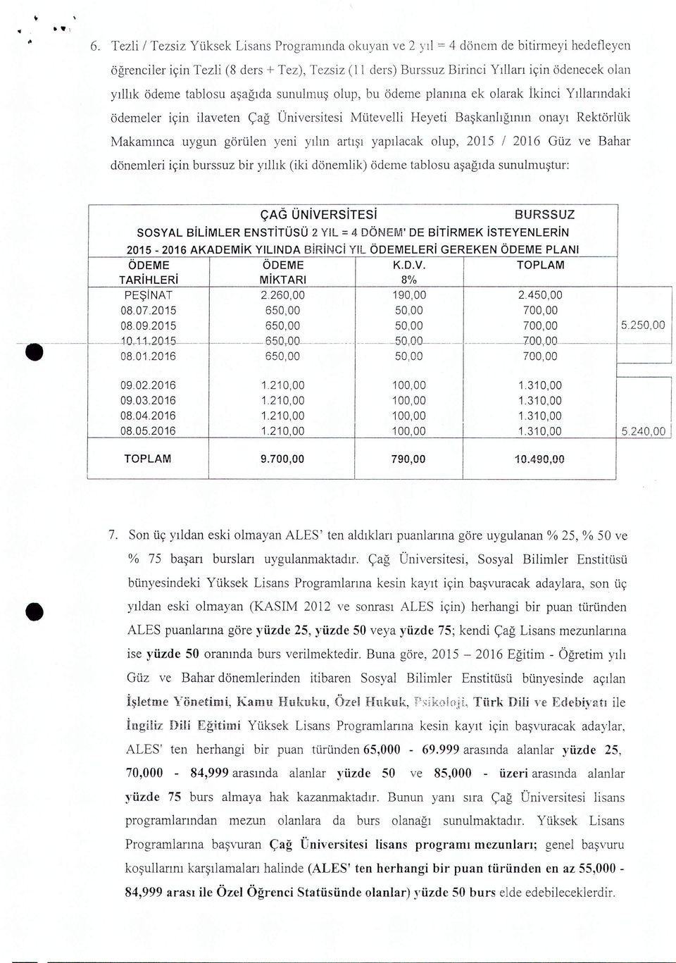 aşağıda sunulmuş olup, bu ödeme planına ek olarak İknc Yıllarındak ödemeler çn laveten çağ Ünverstes Mütevell Heyet Başkanlığının onayı Rektörlük Makamınca uygun görülen yen yılın artışı yapılacak