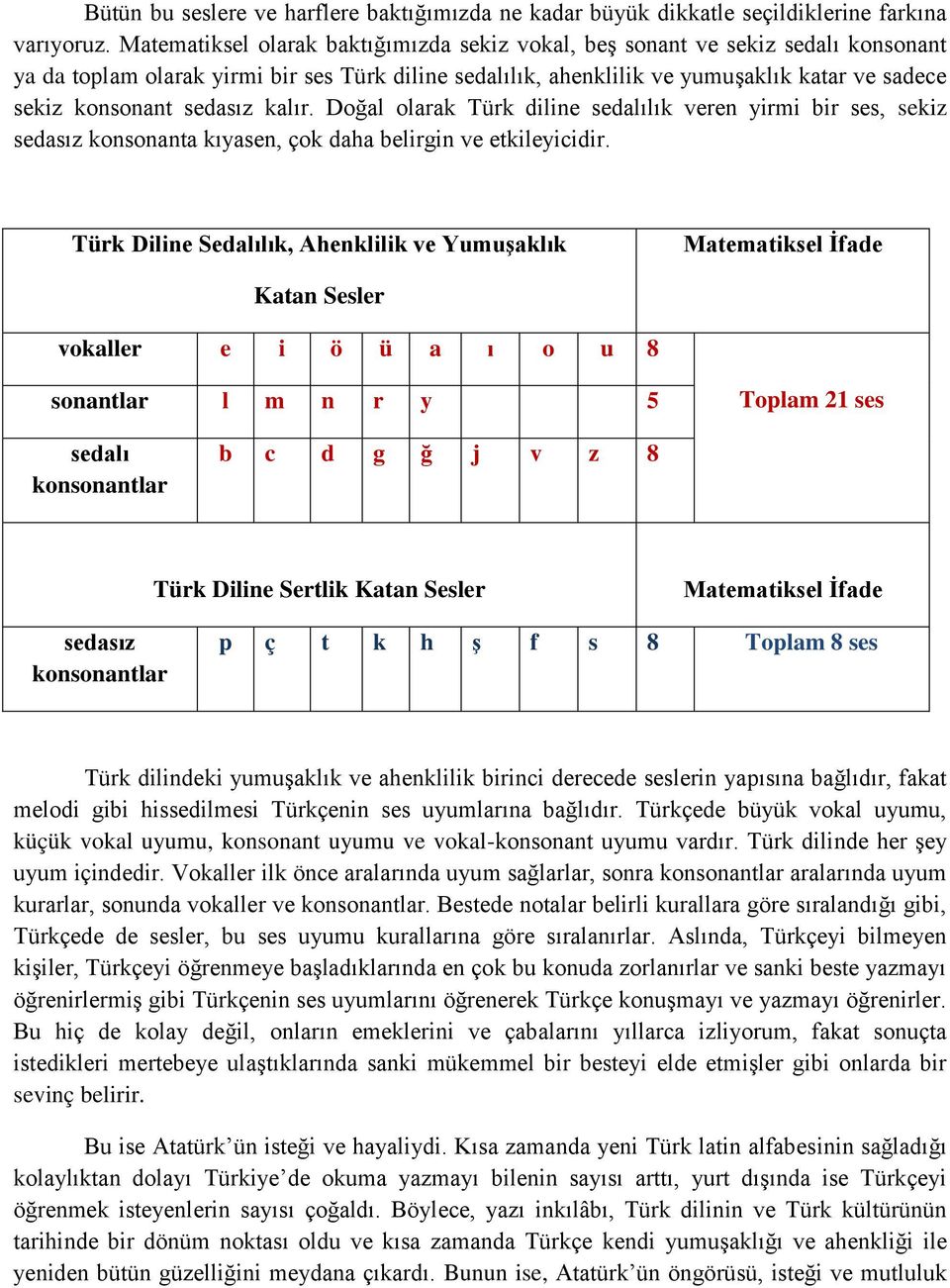 sedasız kalır. Doğal olarak Türk diline sedalılık veren yirmi bir ses, sekiz sedasız konsonanta kıyasen, çok daha belirgin ve etkileyicidir.