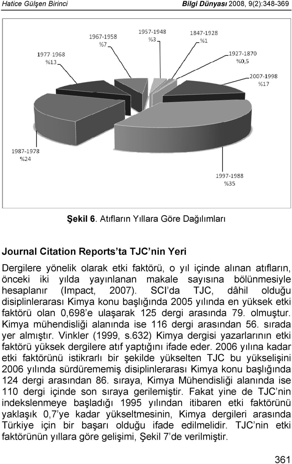 bölünmesiyle hesaplanır (Impact, 2007). SCI da TJC, dâhil olduğu disiplinlerarası Kimya konu başlığında 2005 yılında en yüksek etki faktörü olan 0,698 e ulaşarak 125 dergi arasında 79. olmuştur.