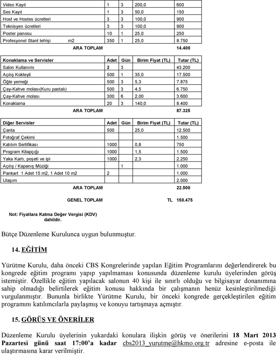 875 Çay-Kahve molası(kuru pastalı) 500 3 4,5 6.750 Çay-Kahve molası 300 6 2,00 3.600 Konaklama 20 3 140,0 8.400 ARA TOPLAM 87.