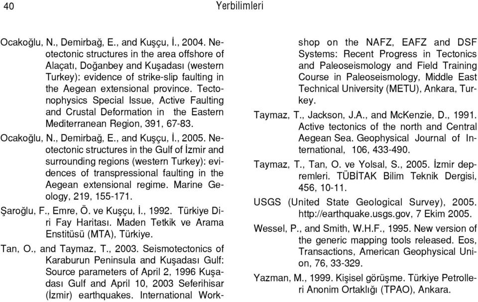 Tectonophysics Special Issue, Active Faulting and Crustal Deformation in the Eastern Mediterranean Region, 391, 67-83. Ocako lu, N., Demirba, E., and Kuflçu,., 2005.