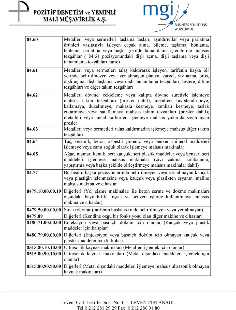 61 Metalleri veya sermetleri talaş kaldırarak işleyen, tarifenin başka bir yerinde belirtilmeyen veya yer almayan planya, vargel, yiv açma, broş, dişli açma, dişli taşlama veya dişli tamamlama