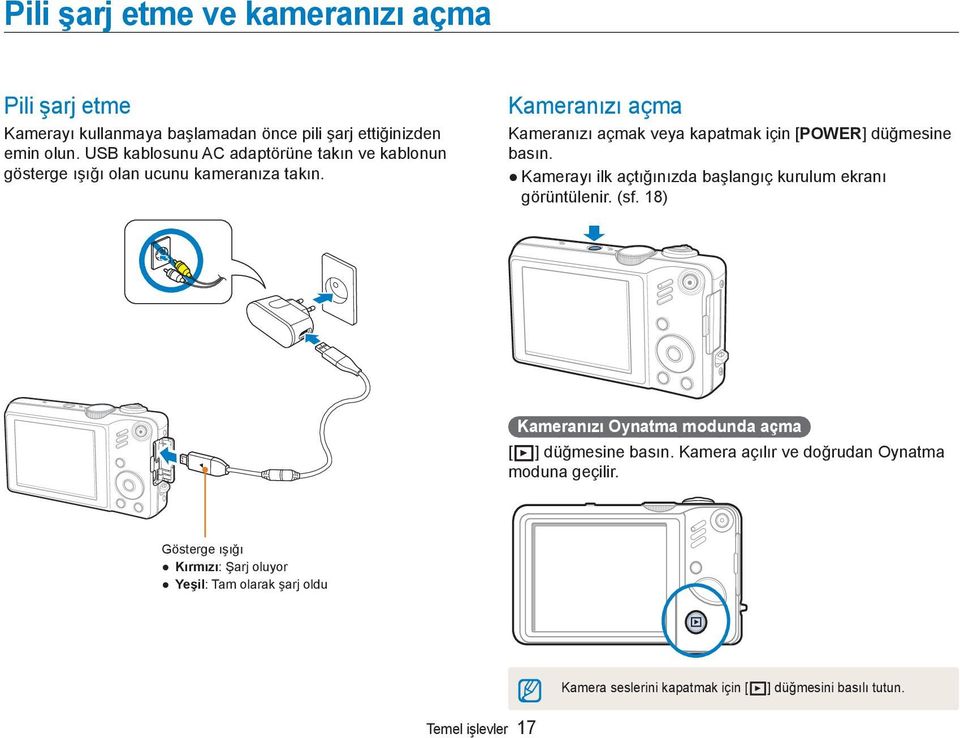 Kameranızı açma Kameranızı açmak veya kapatmak için [POWER] düğmesine basın. Kamerayı ilk açtığınızda başlangıç kurulum ekranı görüntülenir. (sf.