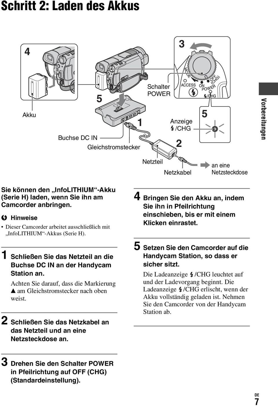 1 Schließen Sie das Netzteil an die Buchse DC IN an der Handycam Station an. Achten Sie darauf, dass die Markierung v am Gleichstromstecker nach oben weist.