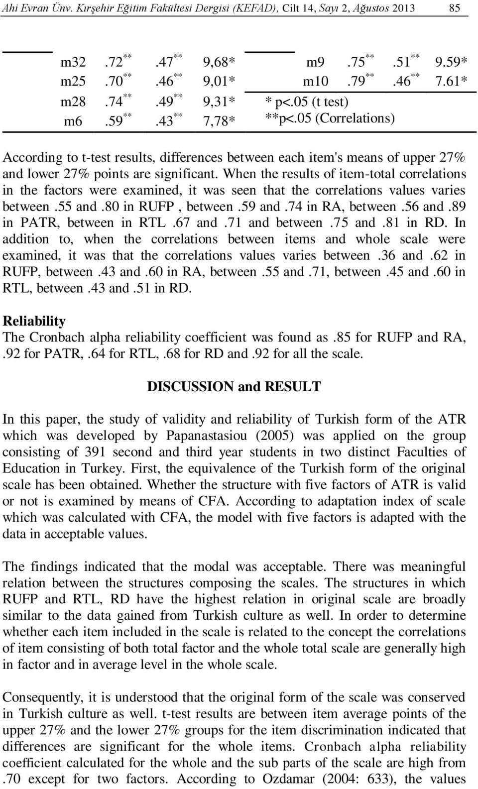 When the results of item-total correlations in the factors were examined, it was seen that the correlations values varies between.55 and.80 in RUFP, between.59 and.74 in RA, between.56 and.