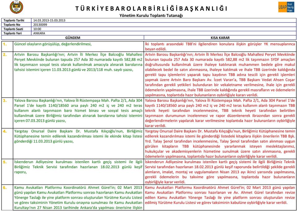 Ada 30 numarada kayıtlı 582,88 m2 bulunan tapuda 257 Ada 30 numarada kayıtlı 582,88 m2 lik taşınmazın SYDF amaçları lik taşınmazın sosyal tesis olarak kullanılmak amacıyla alınarak barolarına