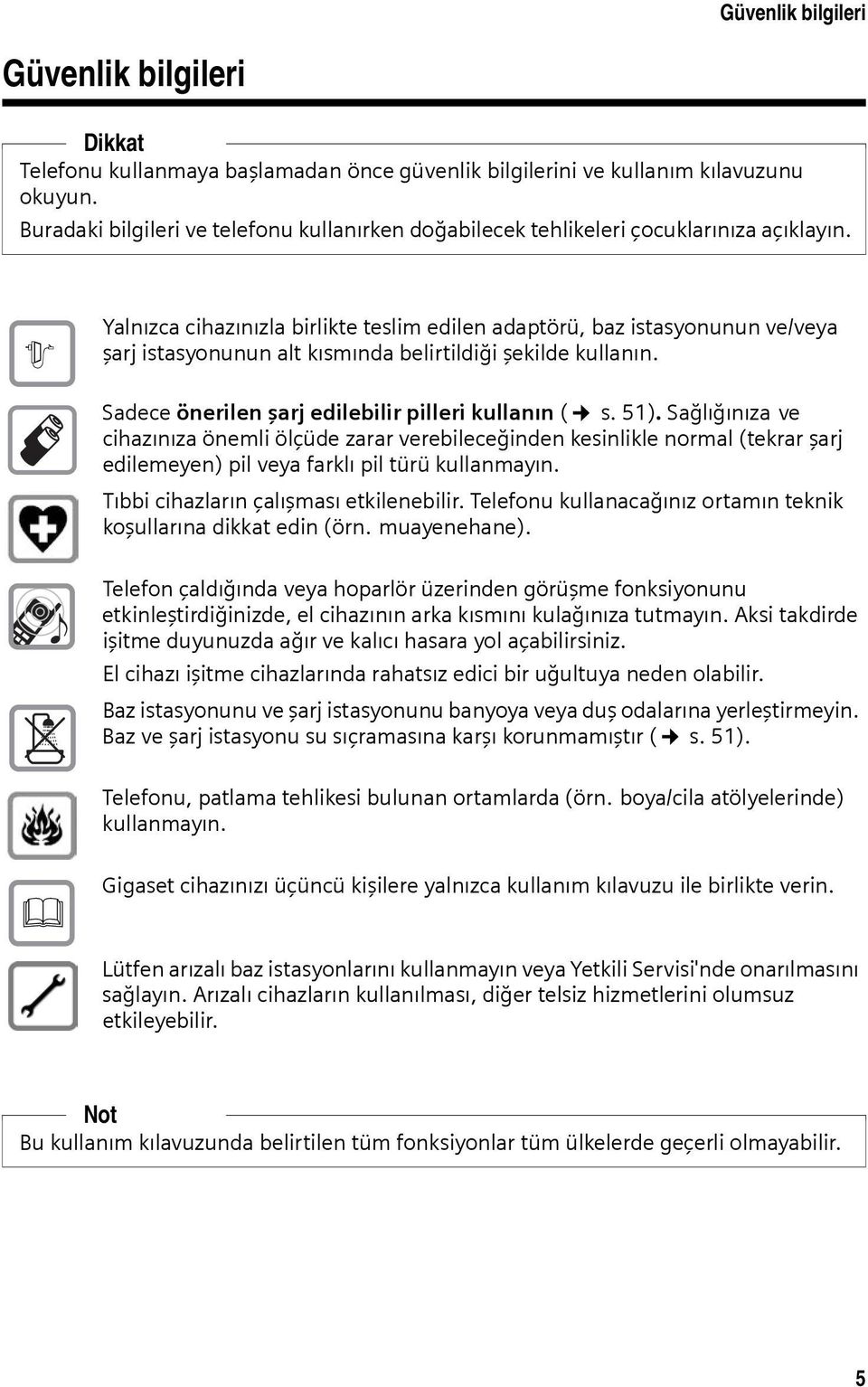 $ Yalnızca cihazınızla birlikte teslim edilen adaptörü, baz istasyonunun ve/veya şarj istasyonunun alt kısmında belirtildiği şekilde kullanın. Sadece önerilen şarj edilebilir pilleri kullanın ( s.