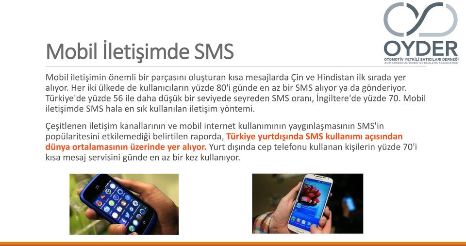 Türkiye'de yüzde 56 ile daha düşük bir seviyede seyreden SMS oranı, İngiltere'de yüzde 70. Mobil iletişimde SMS hala en sık kullanılan iletişim yöntemi.