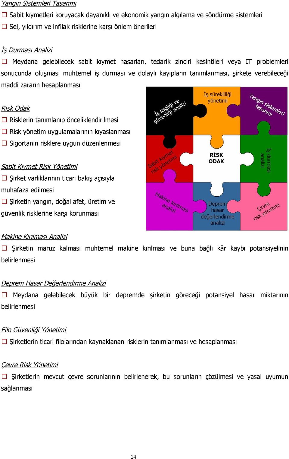 hesaplanması Risk Odak Risklerin tanımlanıp önceliklendirilmesi Risk yönetim uygulamalarının kıyaslanması Sigortanın risklere uygun düzenlenmesi Sabit Kıymet Risk Yönetimi Şirket varlıklarının ticari