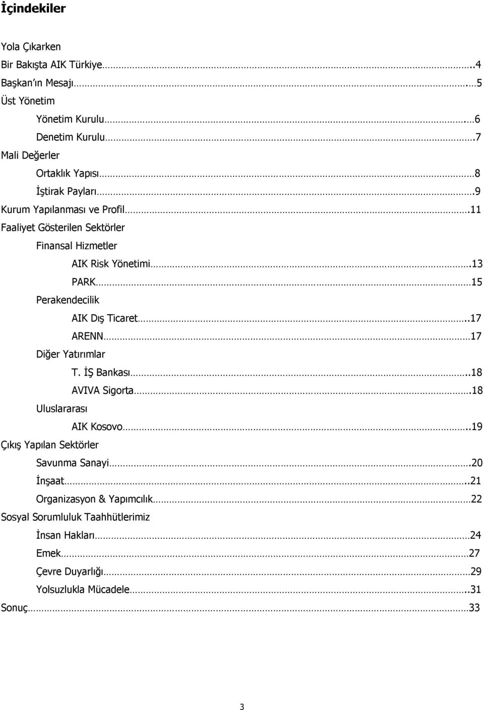 13 PARK 15 Perakendecilik AIK Dış Ticaret..17 ARENN 17 Diğer Yatırımlar T. İŞ Bankası..18 AVIVA Sigorta.18 Uluslararası AIK Kosovo.