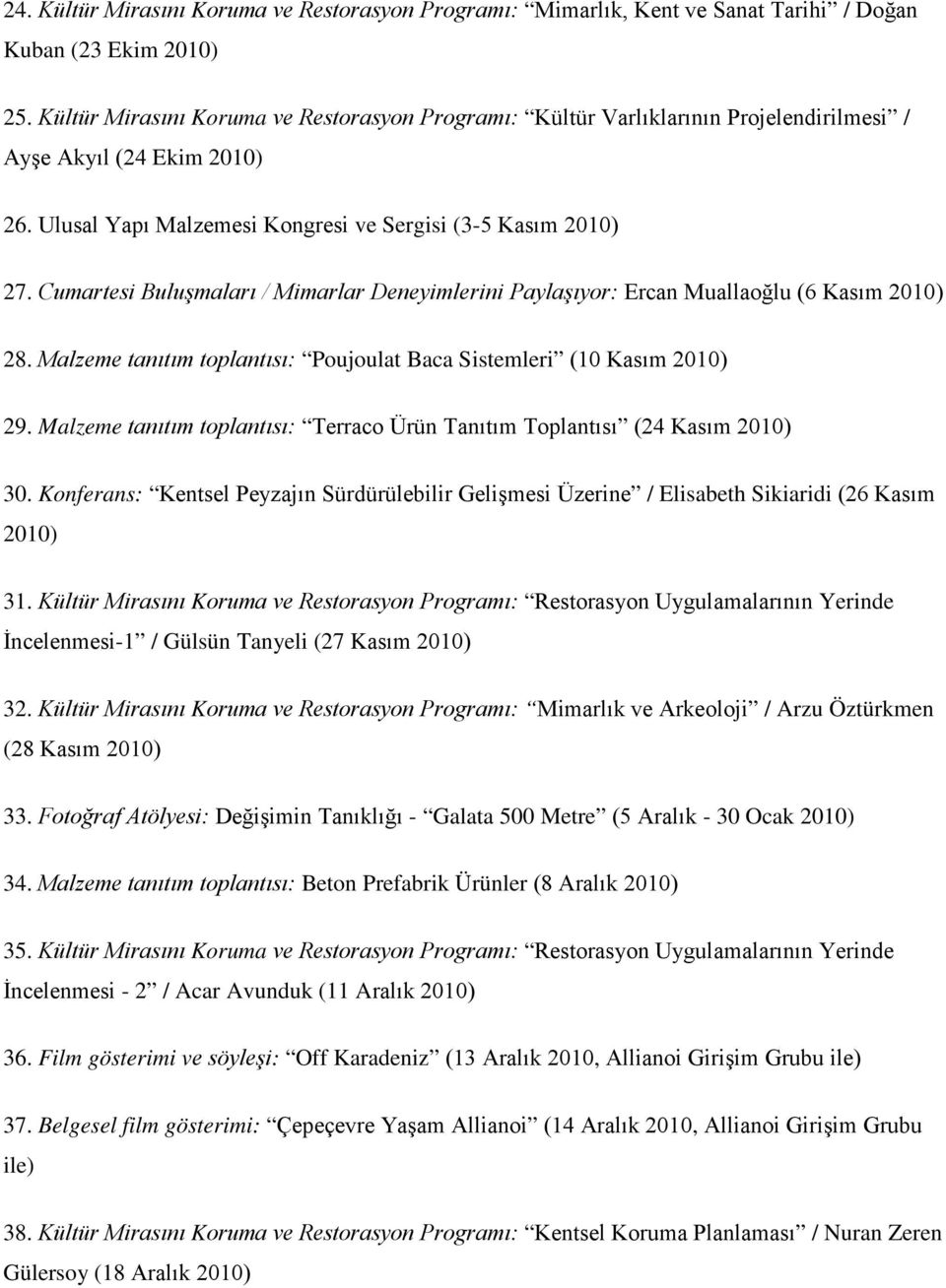 Cumartesi Buluşmaları / Mimarlar Deneyimlerini Paylaşıyor: Ercan Muallaoğlu (6 Kasım 2010) 28. Malzeme tanıtım toplantısı: Poujoulat Baca Sistemleri (10 Kasım 2010) 29.