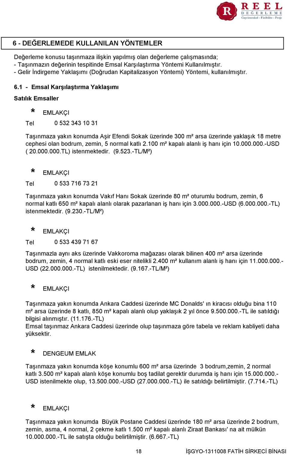 1 - Emsal Karşılaştırma Yaklaşımı Satılık Emsaller Tel EMLAKÇI 0 532 343 10 31 Taşınmaza yakın konumda Aşir Efendi Sokak üzerinde 300 m² arsa üzerinde yaklaşık 18 metre cephesi olan bodrum, zemin, 5