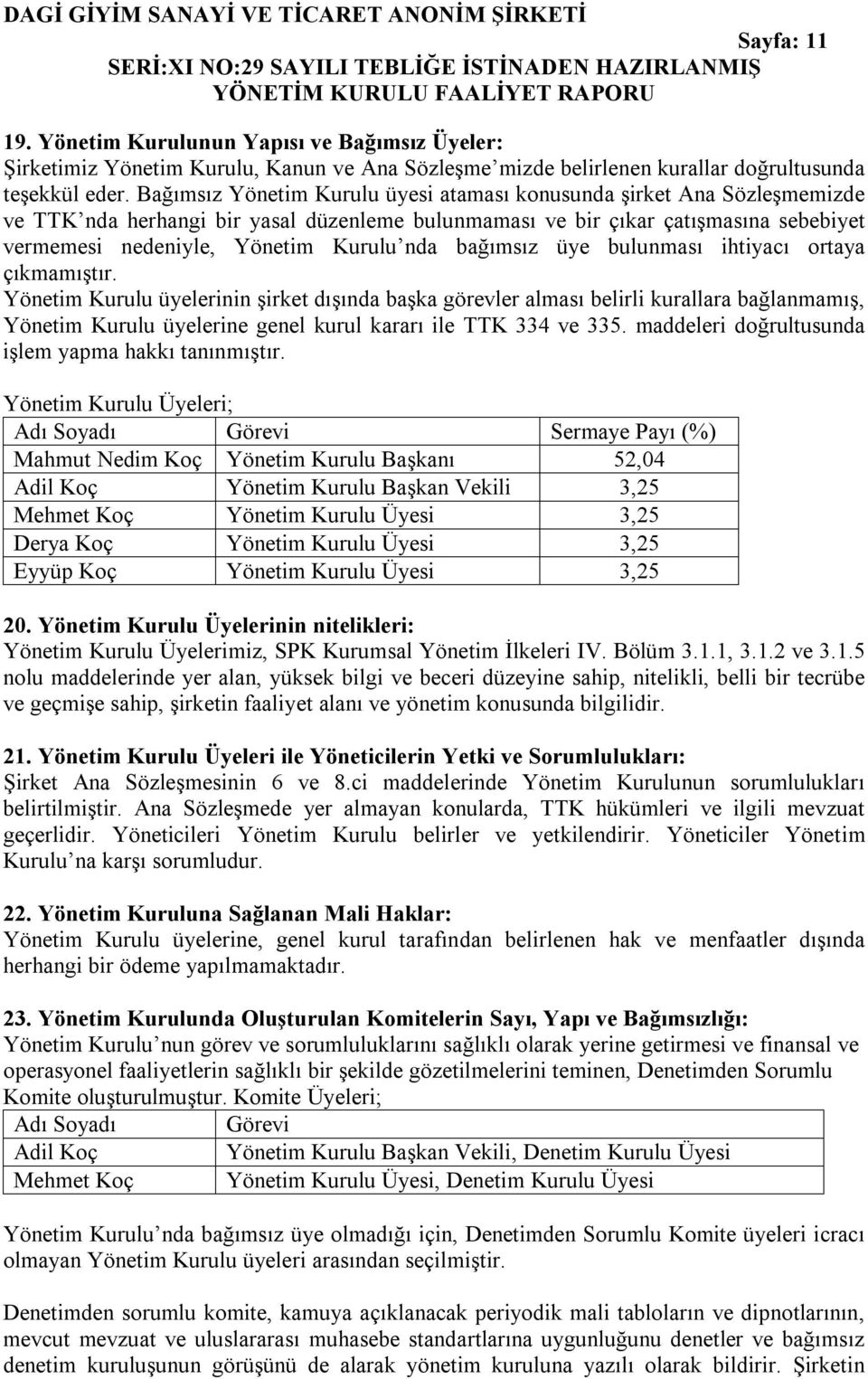 bağımsız üye bulunması ihtiyacı ortaya çıkmamıştır.