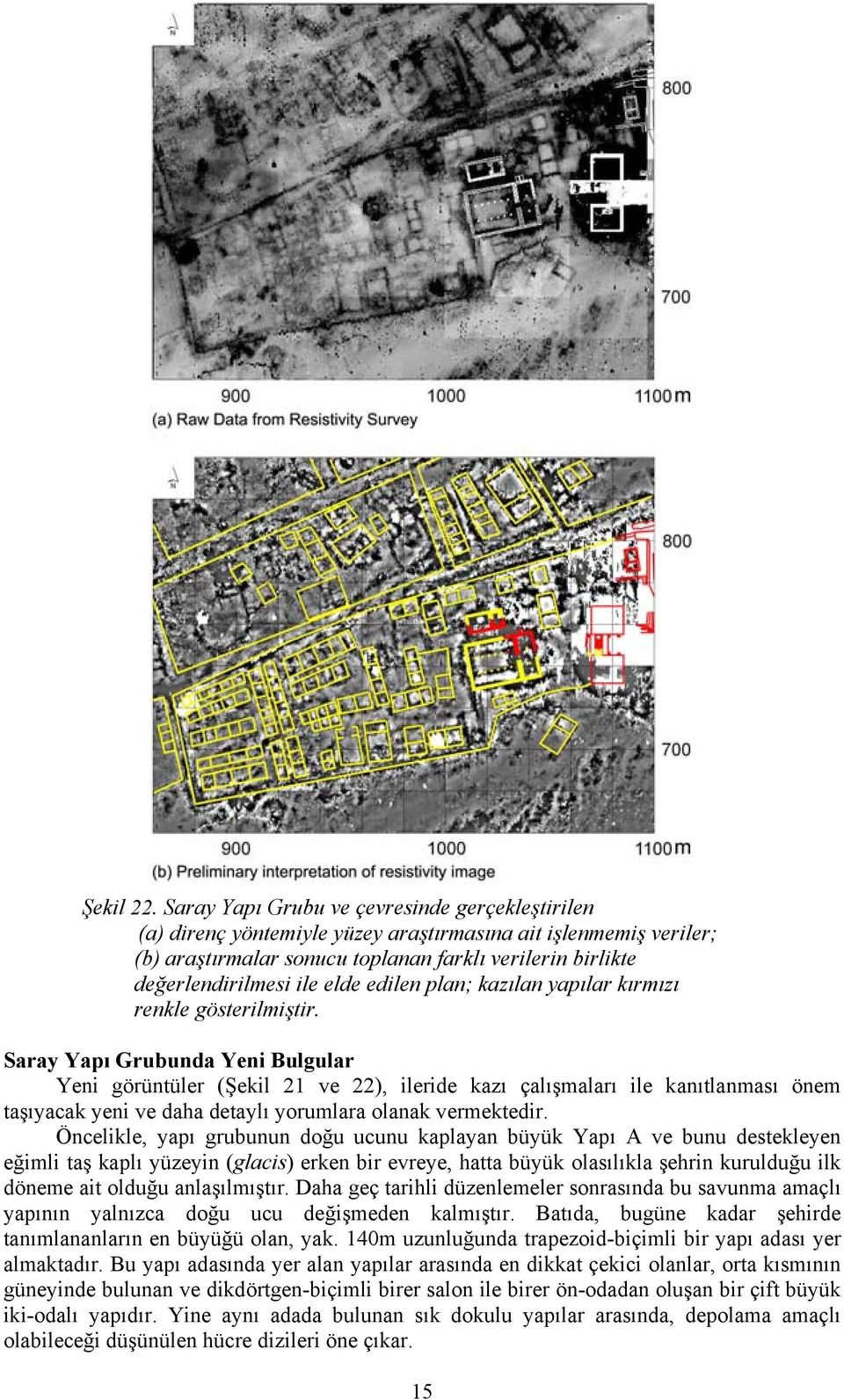 edilen plan; kazılan yapılar kırmızı renkle gösterilmiştir.