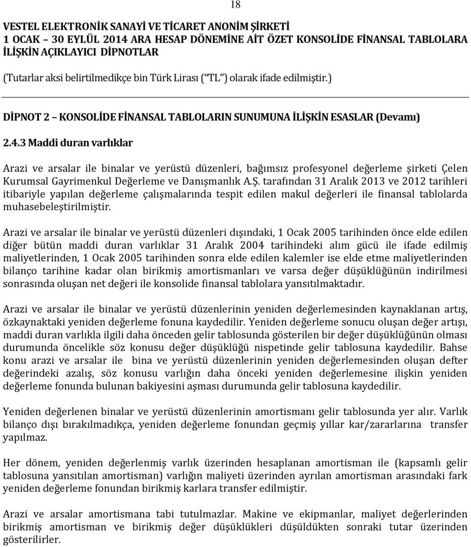 tarafından 31 Aralık 2013 ve 2012 tarihleri itibariyle yapılan değerleme çalışmalarında tespit edilen makul değerleri ile finansal tablolarda muhasebeleştirilmiştir.