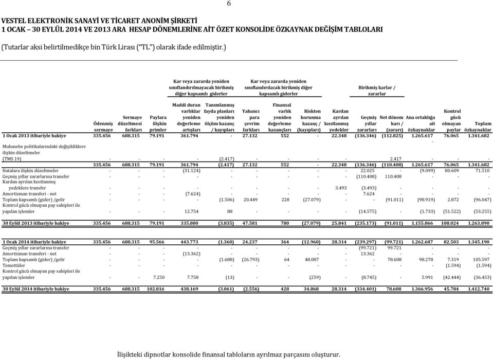 yeniden değerleme ölçüm kazanç artışları / kayıpları Yabancı para çevrim farkları Finansal varlık yeniden değerleme kazançları Riskten Kardan korunma ayrılan kazanç / kısıtlanmış (kayıpları) yedekler