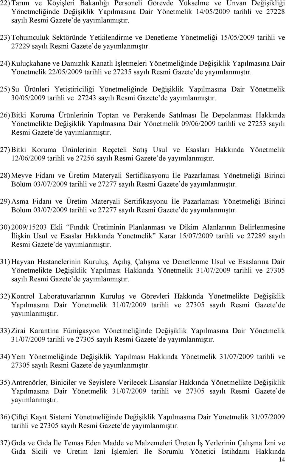 24) Kuluçkahane ve Damızlık Kanatlı İşletmeleri Yönetmeliğinde Değişiklik Yapılmasına Dair Yönetmelik 22/05/2009 tarihli ve 27235 sayılı Resmi Gazete de yayımlanmıştır.