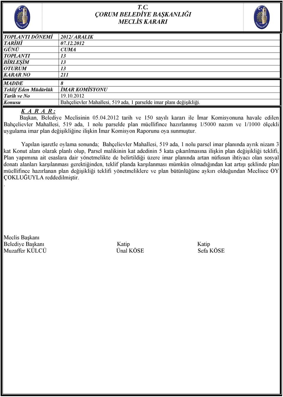 2012 tarih ve 150 sayılı kararı ile İmar Komisyonuna havale edilen Bahçelievler Mahallesi, 519 ada, 1 nolu parselde plan müellifince hazırlanmış 1/5000 nazım ve 1/1000 ölçekli uygulama imar plan