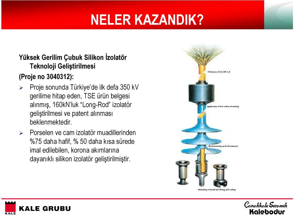 de ilk defa 350 kv gerilime hitap eden, TSE ürün belgesi alınmış, 160kN luk Long-Rod izolatör