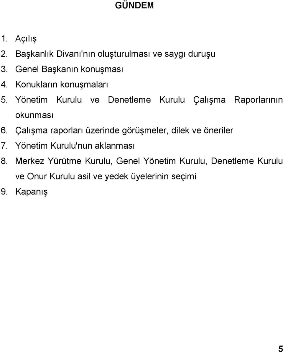 Çalışma raporları üzerinde görüşmeler, dilek ve öneriler 7. Yönetim Kurulu'nun aklanması 8.