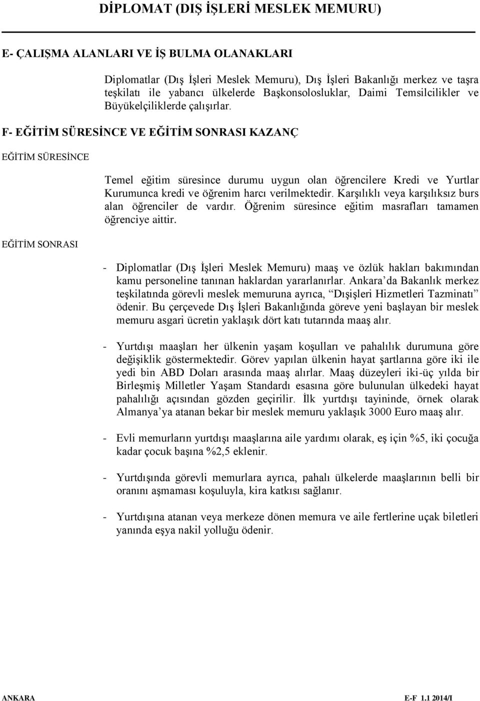 F- EĞİTİM SÜRESİNCE VE EĞİTİM SONRASI KAZANÇ EĞİTİM SÜRESİNCE EĞİTİM SONRASI Temel eğitim süresince durumu uygun olan öğrencilere Kredi ve Yurtlar Kurumunca kredi ve öğrenim harcı verilmektedir.